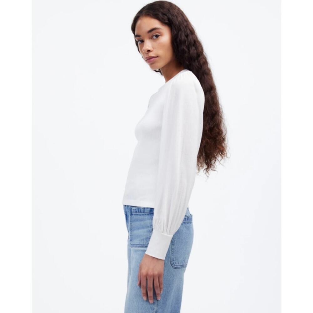 Madewell Ribbed Puff-Sleeve Top Sz S White Long Sleeve Slim Fit Pullover Cotton - Picture 2 of 8